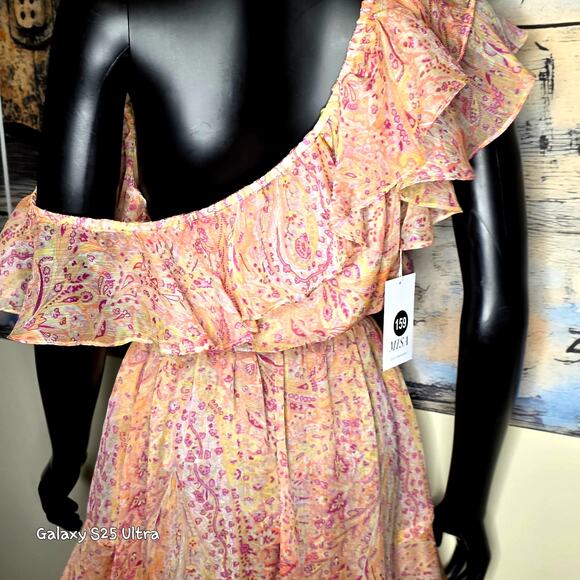 MISA Los Angeles Gisele Asymmetric Pink off Shoulder Floral Dress - Picture 8 of 14